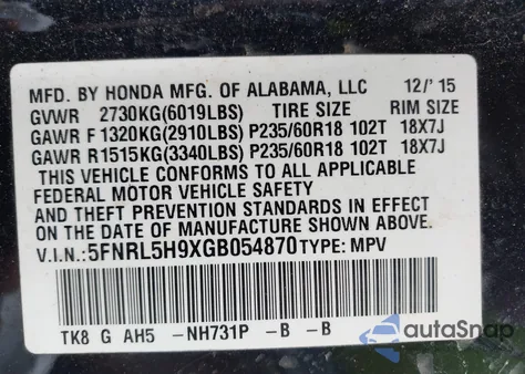 2016 Honda Odyssey Touring/Touring Elite z USA, uszkodzony, nr VIN 5FNRL5H9XGB054870